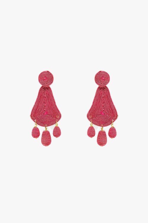 Tear drop Rafia Earrings With Oval Beads In Fuchsia