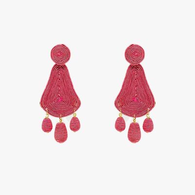 Tear drop Rafia Earrings With Oval Beads In Fuchsia