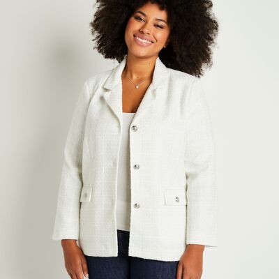 Straight buttoned jacket in basket weave fabric with tailored collar