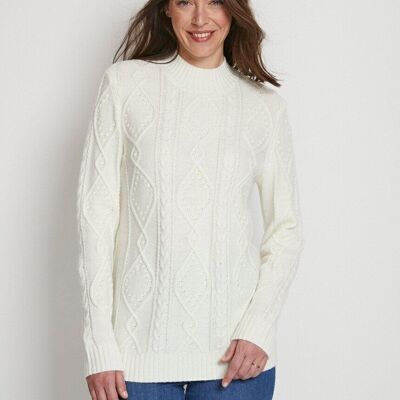 Short warm sweater with cable high collar