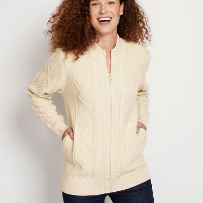 Warm zipped cardigan with cable high collar