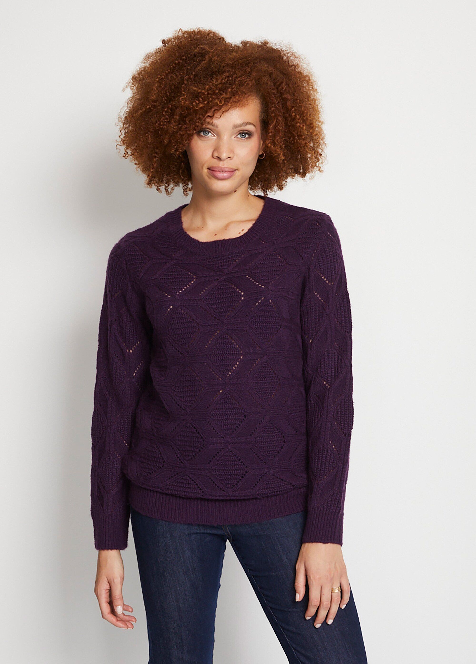 Maglione a tunica di media lunghezza in tinta unita con scollo rotondo in maglia traforata