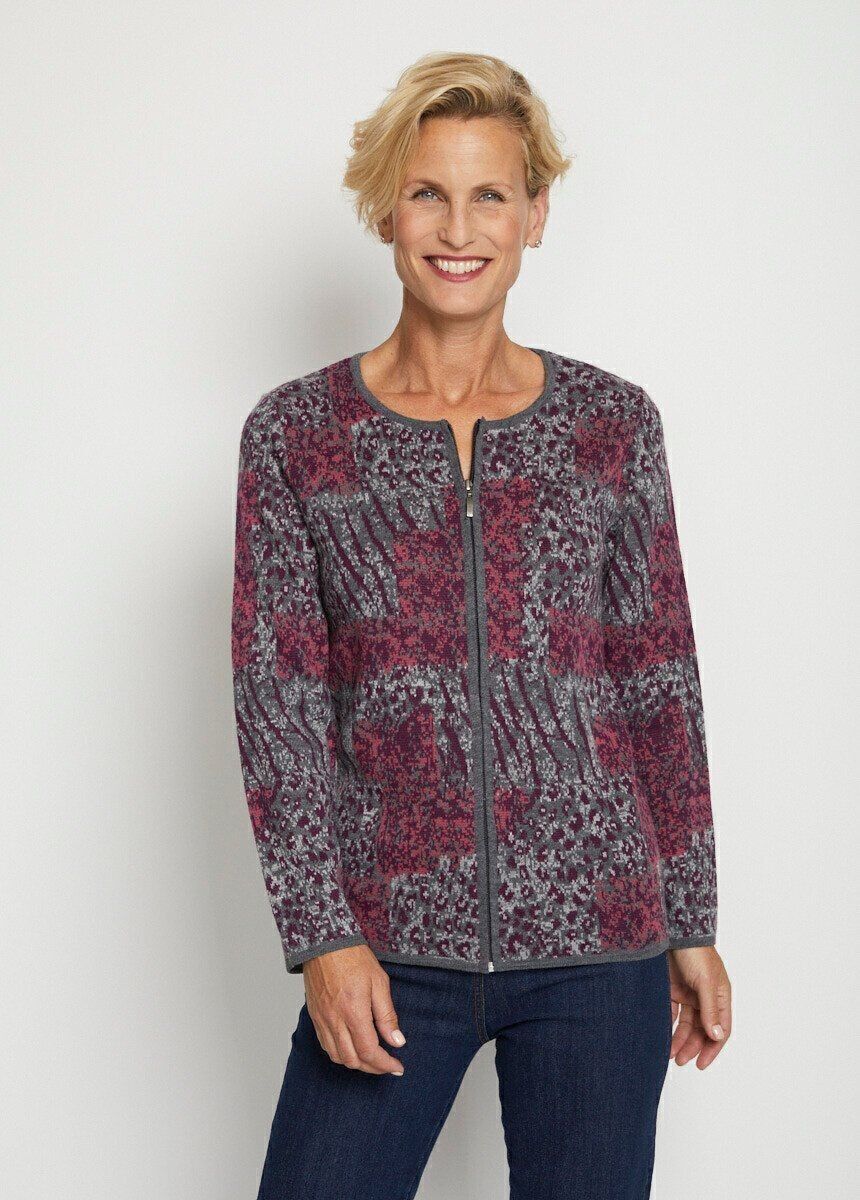 Mittellanger Cardigan mit Reißverschluss aus Leoparden-Jacquard