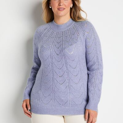 Round neck openwork heathered knit sweater