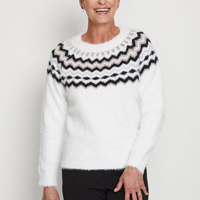 Pull col rond maille poilue jacquard soleil