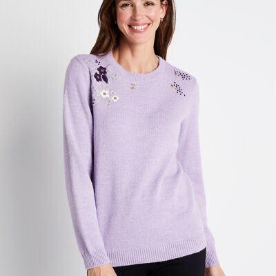 Soft plain embroidered round neck long sleeve sweater