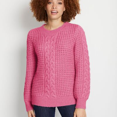 Soft relief knit round neck sweater