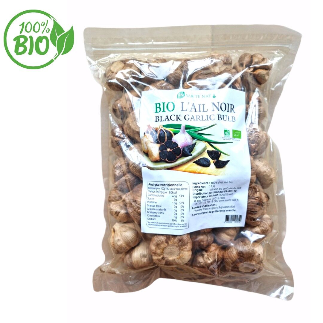 Aglio nero fermentato biologico coreano (1 kg) [Naturale | Antiossidante | Vegano | Efficace contro colesterolo e pressione sanguigna | Premium] autenticità di Santé Nat.
