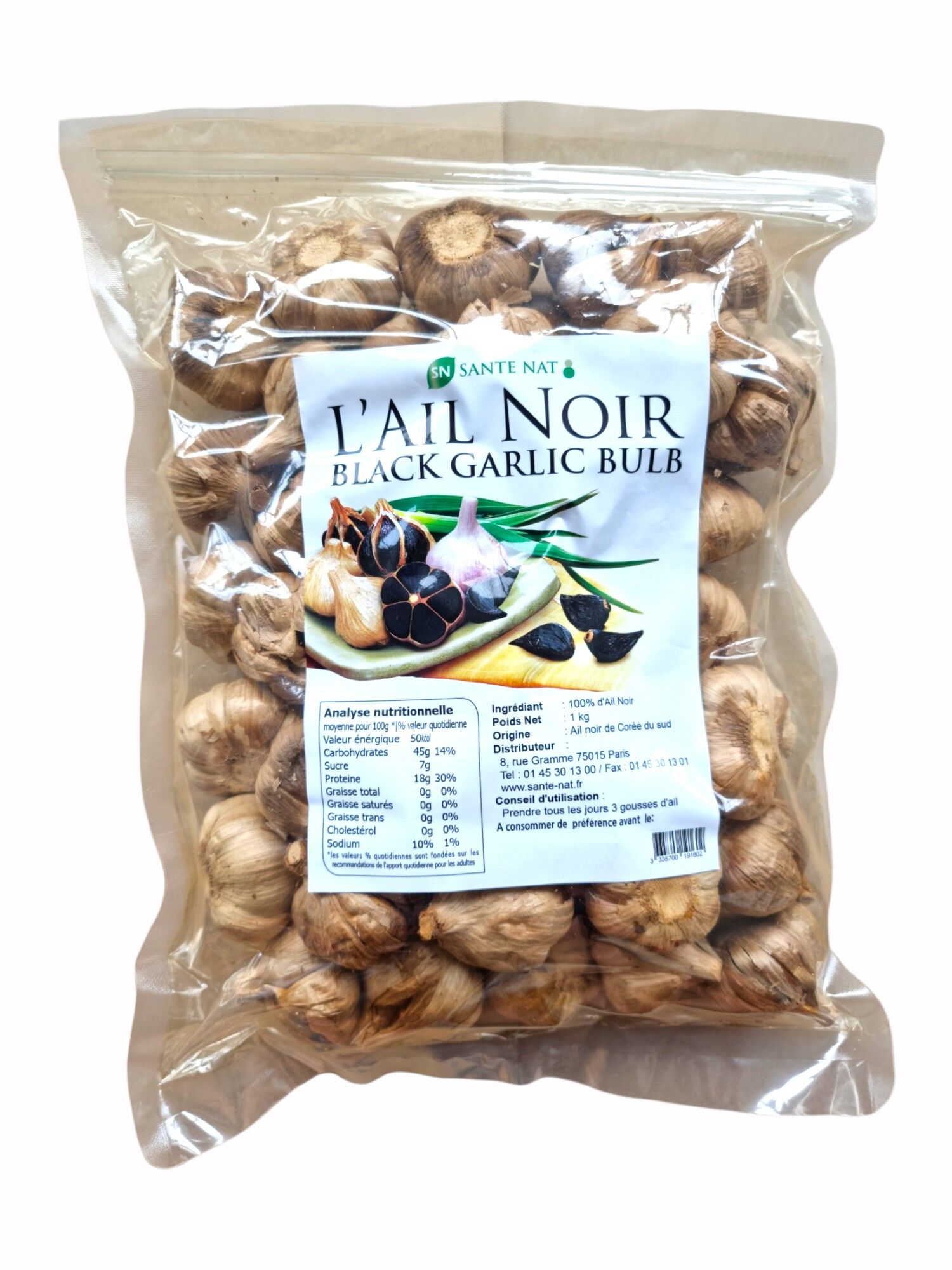 Aglio nero fermentato coreano (1 kg) [Naturale | Antiossidante | Vegano | Efficace contro colesterolo e pressione sanguigna | Premium] autenticità di Santé Nat.