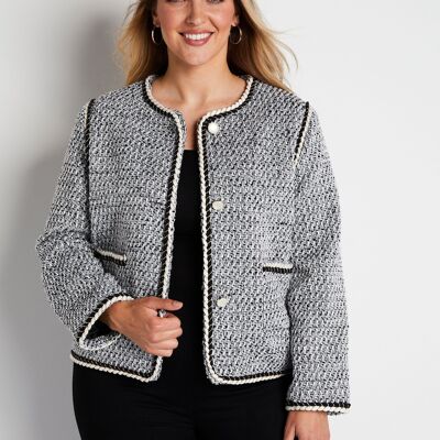 Short collarless jacket in tweed effect fabric
