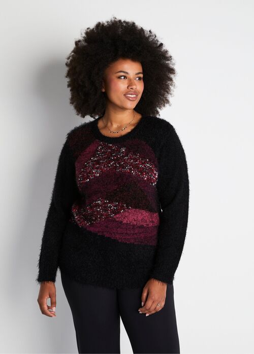 Pull jacquard maille poilue col rond