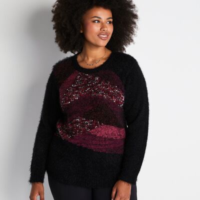 Pull jacquard maille poilue col rond