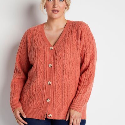 Short buttoned V-neck cable knit cardigan
