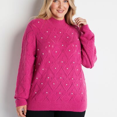 Soft openwork beaded sweater with high collar