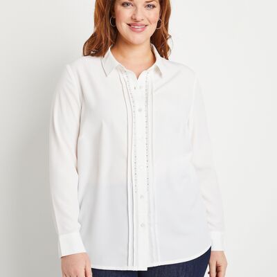 Plain buttoned long rhinestone blouse with shirt collar