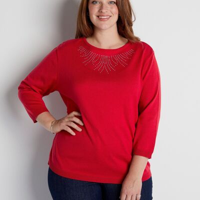 Round neck sweater with 3/4 sleeves and studded fantasy