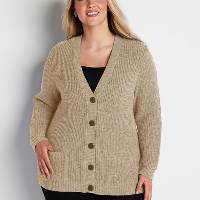 Mid-length buttoned cardigan with beaded knit and wool