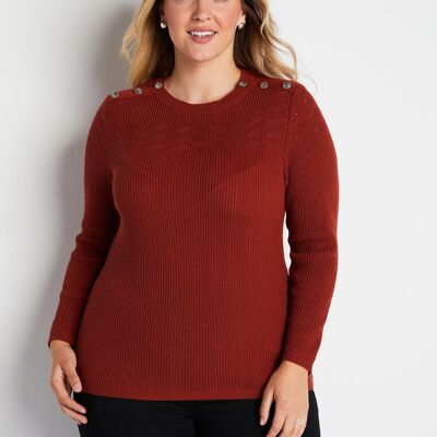 Openwork ribbed knit sweater with round neck