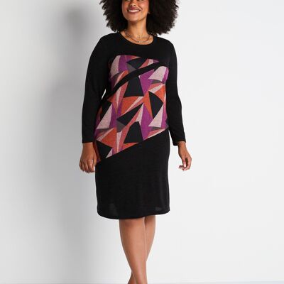 Short straight knit dress with graphic pattern