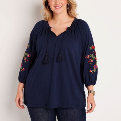T-shirt long brodé manches 3/4