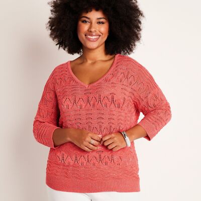 3/4 sleeve openwork pattern V-neck sweater