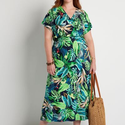 Langes, ausgestelltes Kleid mit tropischem Print