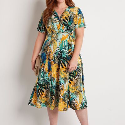 Robe cache-coeur courte floral et peau de bête