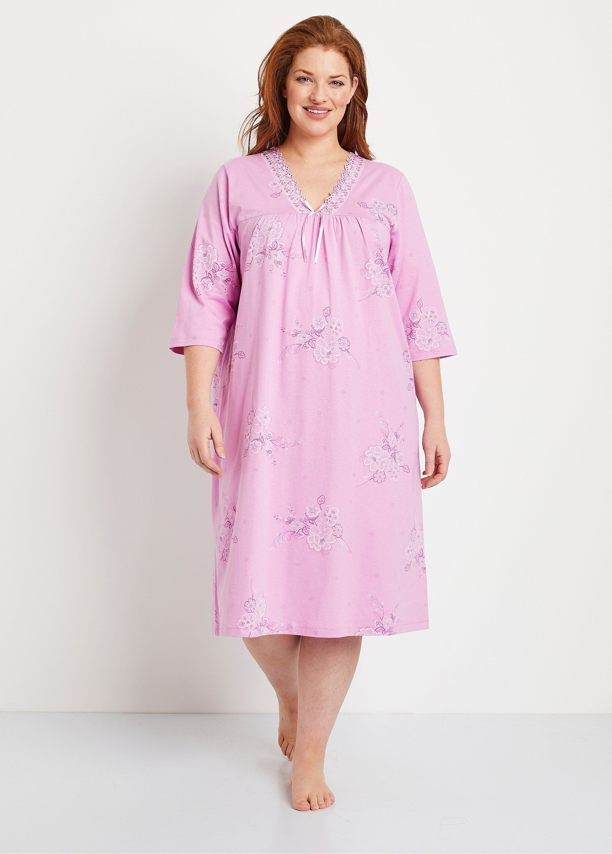 Camicia da notte media lunghezza in cotone ricamato con maniche a 3/4