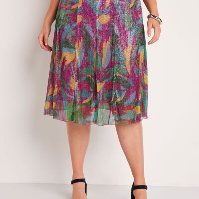 Wide shiny printed mid-length skirt