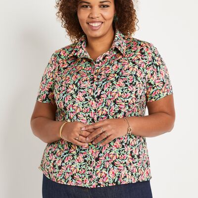 Short-sleeved floral satin blouse