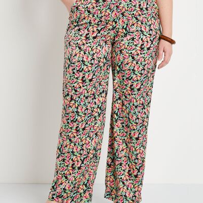 Pantalon taille semi-élastiquée satin fleuri