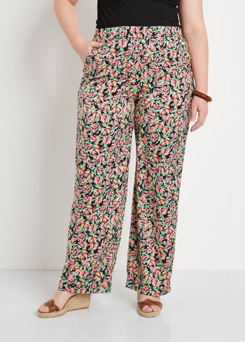 Pantalon taille semi-élastiquée satin fleuri 1