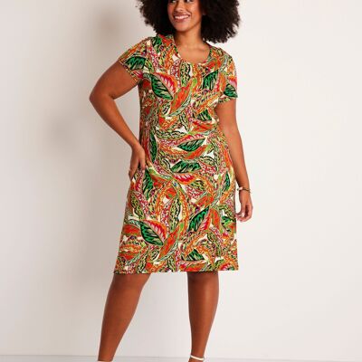 Short straight knit dress with foliage pattern