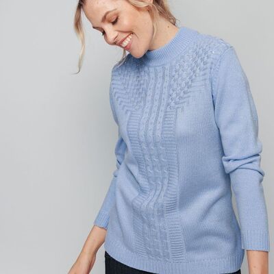 Soft cable-knit ribbed sweater with rhinestones and high collar