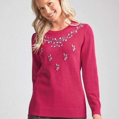 Soft plain embroidered openwork round neck sweater