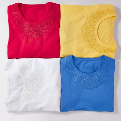 Embroidered studded t-shirt with 3/4 sleeves