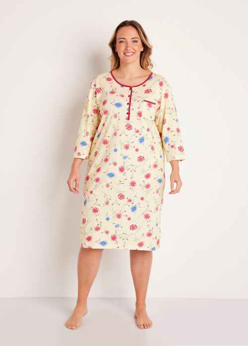 Chemise de nuit coton fleuri manches 3/4