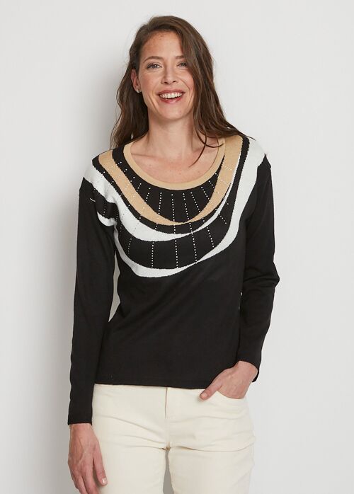 Pull court jacquard strassé col rond