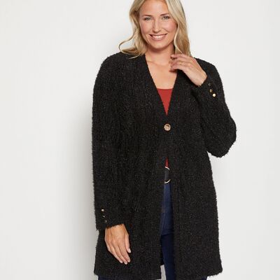 Long loose V-neck cardigan with raised shimmering knit