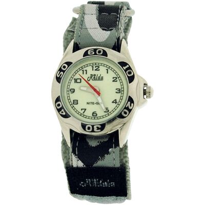 Relda Kids Nite-Glo Luminous Dial Grey Camouflage Army  Easy Fasten Watch REL65
