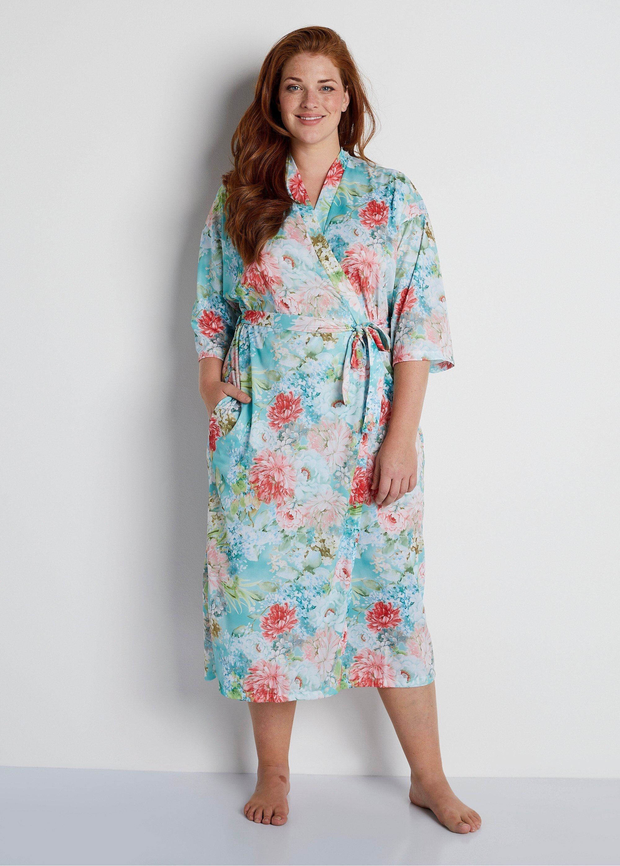 Accappatoio kimono floreale in raso fluido