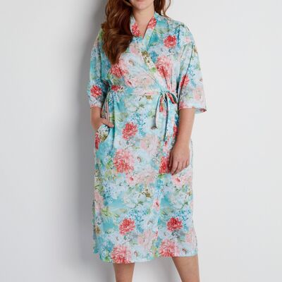 Fluid satin floral kimono bathrobe