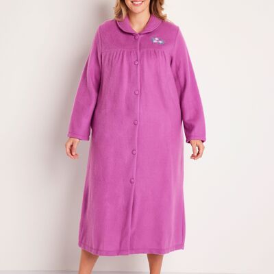 Long embroidered fleece buttoned bathrobe with shawl collar