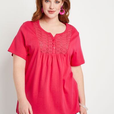 Long buttoned t-shirt with English embroidery