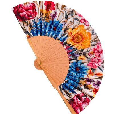 Colorful fan made of wood and artificial silk, handmade in Spain. Art Nouveau style. Perfect gift for the summer heat. Modernist 22