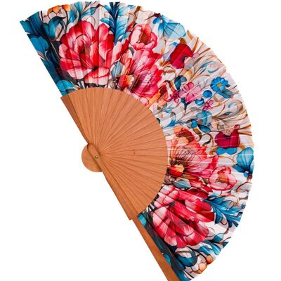 Colorful fan made of wood and artificial silk, handmade in Spain. Art Nouveau style. Perfect gift for the summer heat. Modernist 23