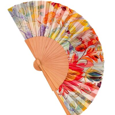 Colorful fan made of wood and artificial silk, handmade in Spain. Art Nouveau style. Perfect gift for the summer heat. Modernist 24