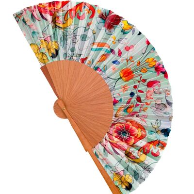Colorful fan made of wood and artificial silk, handmade in Spain. Art Nouveau style. Perfect gift for the summer heat. Modernist 25