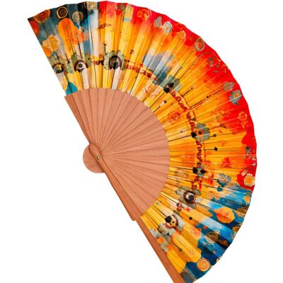 Colorful fan made of wood and artificial silk, handmade in Spain. Art Nouveau style. Perfect gift for the summer heat. Modernist 27