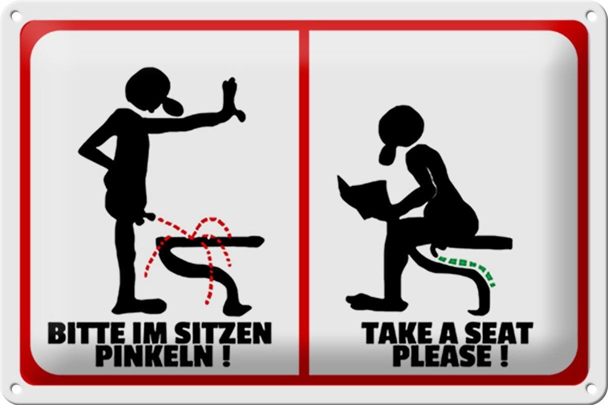 Targa in metallo con nota 30x20 cm Si prega di fare pipì stando seduti (b/n)